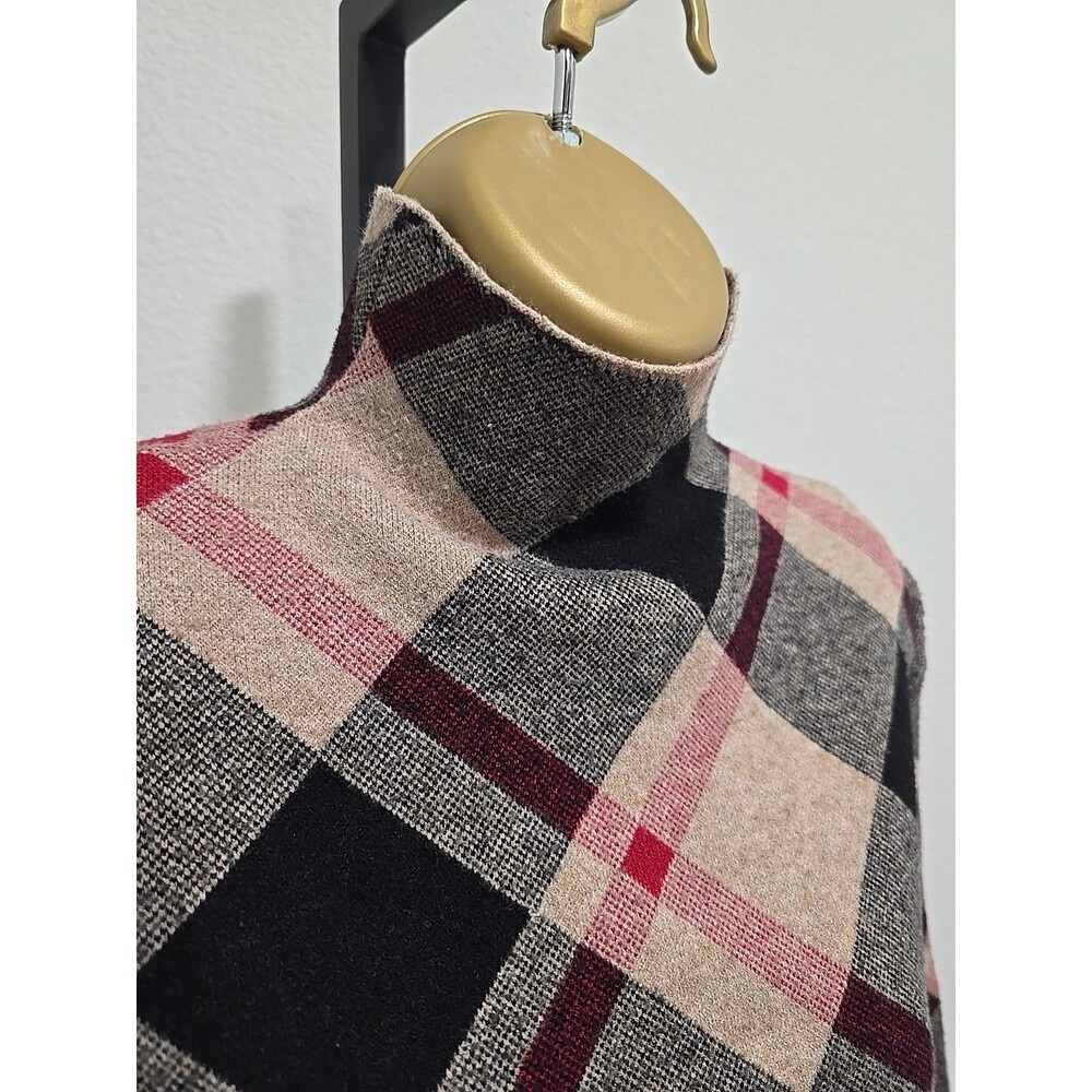 Mock Neck Plaid Sweater Womens Med Tan Black Academia Preppy Old Money Cottage
